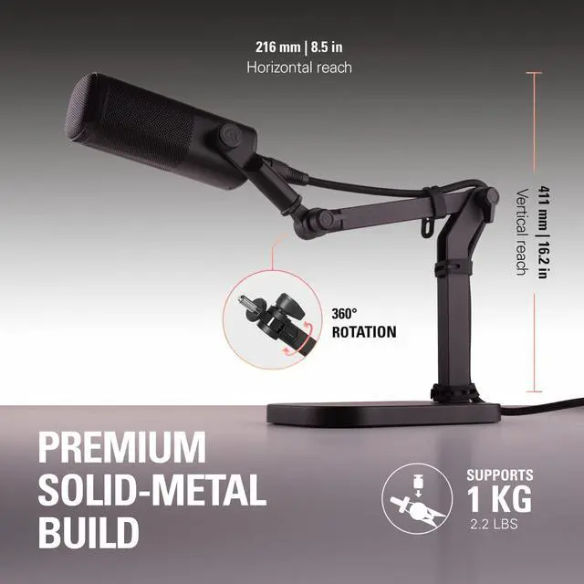 Alt view image 4 of 7 - Wave Desk Stand - Adjustable Mounting Arm for Microphones Works HyperX Rode Fifine Shure and More Mics Compatible 1/4 3/8 & 5/8 Thread for Recording/Podcasting/Streaming
