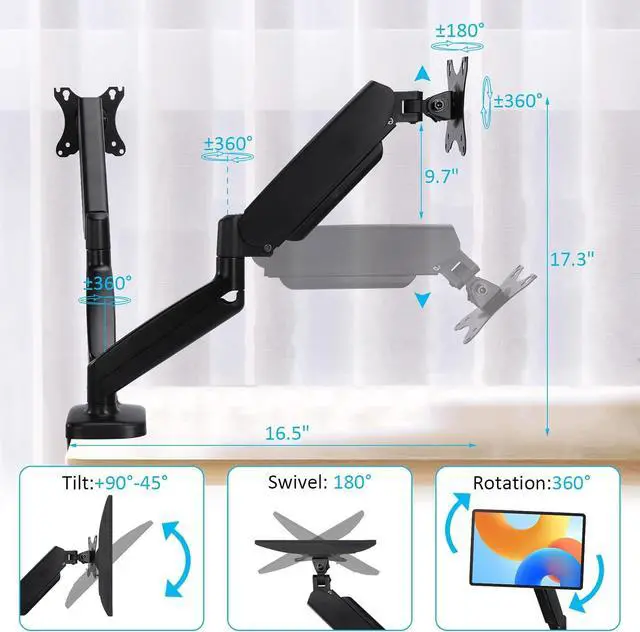 Alt view image 3 of 6 - Dual Monitor Desk Mount for 2 Monitors Max 32 inch Screen Gas Spring Arm Stand with Clamp/Grommet Mounting Base VESA 75x75mm & 100x100mm Mounts Fit 4.4-17.6lbs Computer Black