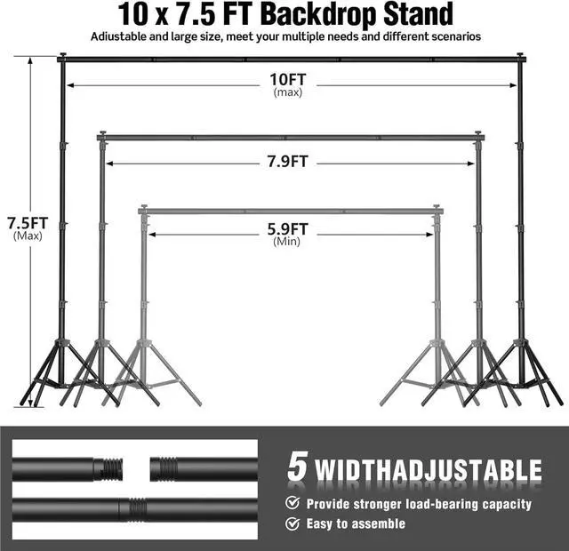 Alt view image 2 of 7 - Backdrop Stand 10 x 7.5 FT for Parties Adjustable Photo Backdrop Stand Kit for Wedding Studio Photography Background Stand with Sandbags Spring Clamps Carry Bag