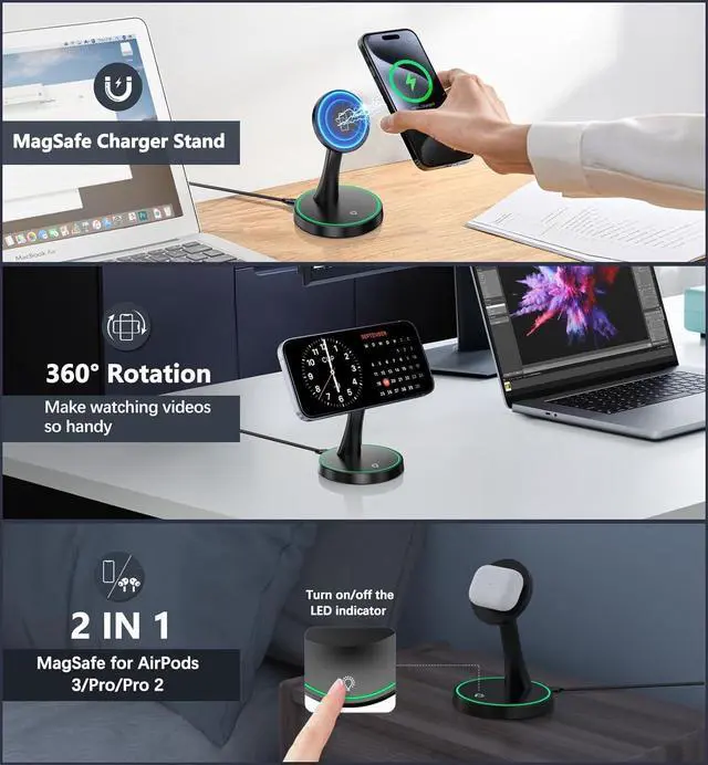 Alt view image 2 of 7 - 2 Pack Magnetic Wireless Charger Stand 15W Fast Mag-Safe Charger for iPhone 16/16 Pro/16 Plus/16 Pro Max/15/14/13/12 Series Magnet Wireless Charging Station/Pad with Sleep-Friendly Light for AirPods