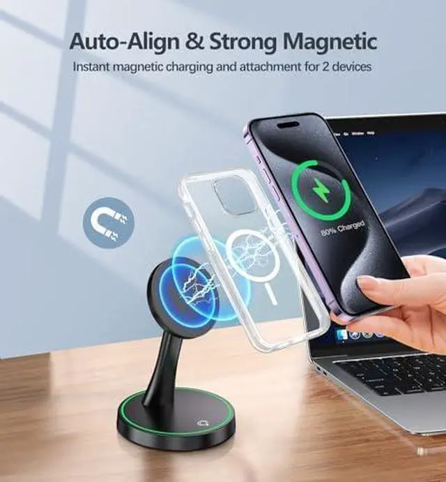 Alt view image 6 of 7 - 2 Pack Magnetic Wireless Charger Stand 15W Fast Mag-Safe Charger for iPhone 16/16 Pro/16 Plus/16 Pro Max/15/14/13/12 Series Magnet Wireless Charging Station/Pad with Sleep-Friendly Light for AirPods