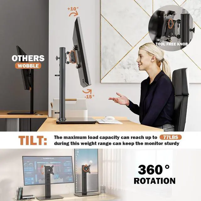 Alt view image 5 of 7 - Single LCD Computer Monitor Free-Standing Desk Stand Mount Riser for 13 inch to 32 inch screen with Swivel, Height Adjustable, Rotation, Vesa Base Stand Holds One (1) Screen up to 77Lbs(HT05B-001))