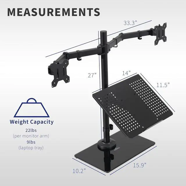 Alt view image 3 of 7 - Freestanding Dual Computer Monitor and Laptop Combo Desk Stand with Glass Base Fits up to 32 inch Monitors and 17 inch Laptops Black STAND-V003FGL