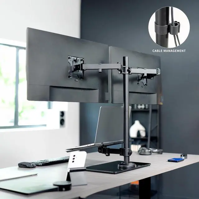 Alt view image 6 of 7 - Freestanding Dual Computer Monitor and Laptop Combo Desk Stand with Glass Base Fits up to 32 inch Monitors and 17 inch Laptops Black STAND-V003FGL