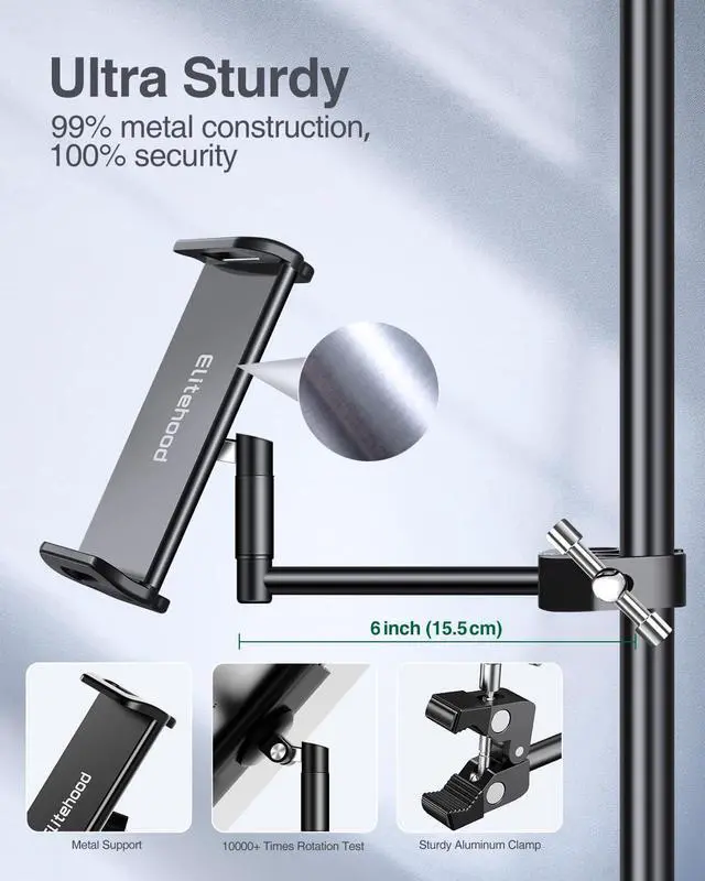 Alt view image 3 of 7 - Aluminum iPad Holder for Mic Stand Side Mount iPad Music Stand Holder for Microphone 360° Swivel Tilt Adjustable Mic Tablet Mount for 4-13in iPhone Cell Phones and Tablets
