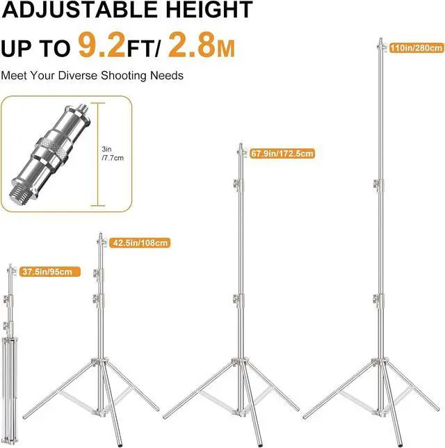 Alt view image 3 of 7 - 9.2 FT Stainless Steel Light Stand Photography, 2 Pack Heavy Duty Photography Tripod Stand with 1/4 to 3/8 Screw Adapter for Strobe,LED Video Light,Ring Light, Monolight, Softbox