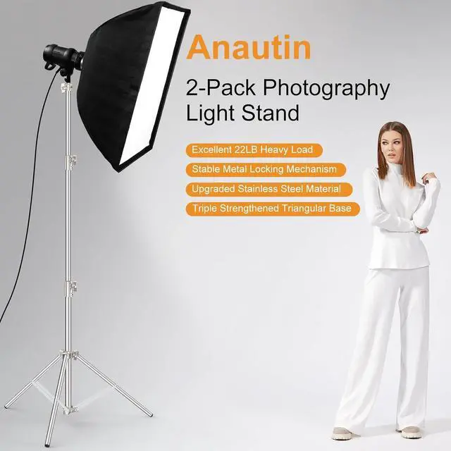 Alt view image 2 of 7 - 9.2 FT Stainless Steel Light Stand Photography, 2 Pack Heavy Duty Photography Tripod Stand with 1/4 to 3/8 Screw Adapter for Strobe,LED Video Light,Ring Light, Monolight, Softbox