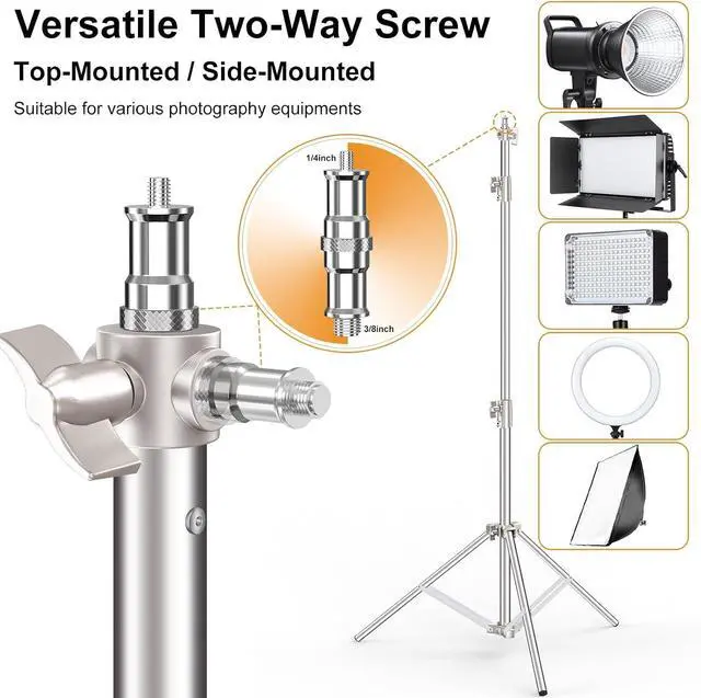 Alt view image 4 of 7 - 9.2 FT Stainless Steel Light Stand Photography, 2 Pack Heavy Duty Photography Tripod Stand with 1/4 to 3/8 Screw Adapter for Strobe,LED Video Light,Ring Light, Monolight, Softbox