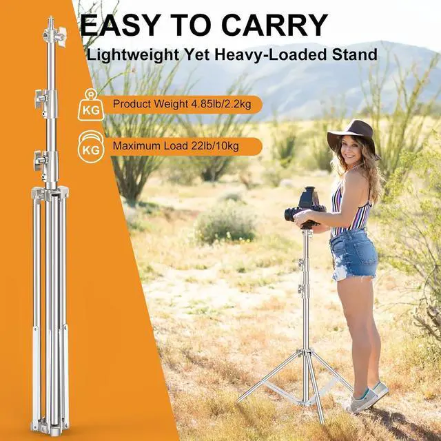 Alt view image 6 of 7 - 9.2 FT Stainless Steel Light Stand Photography, 2 Pack Heavy Duty Photography Tripod Stand with 1/4 to 3/8 Screw Adapter for Strobe,LED Video Light,Ring Light, Monolight, Softbox