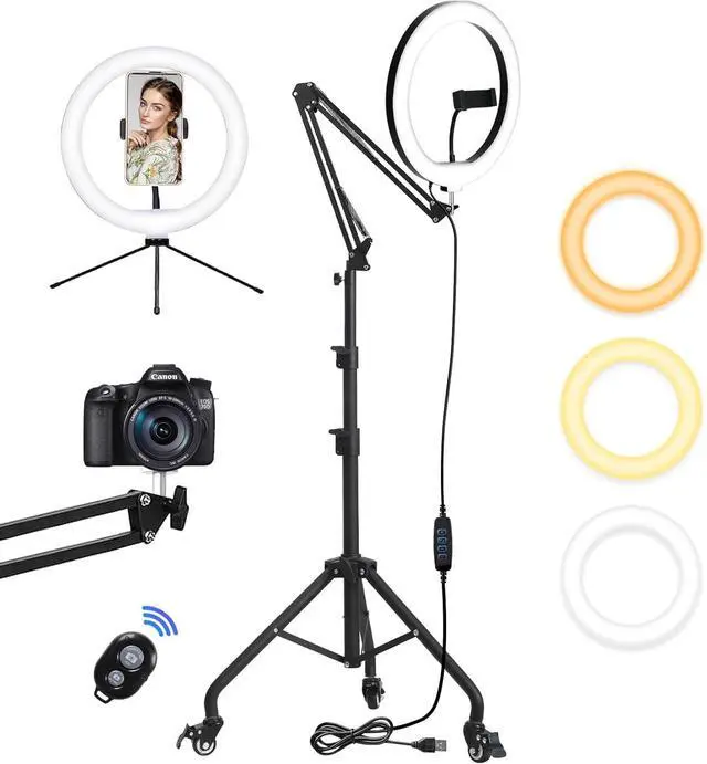 Main image of 12 Ring Light with 81 Tripod Stand Folded Arm Overhead Camera Mount Phone Holder with Casters 3 Color Modes LED Selfie Light for Video Recording Photography Live Streaming TikTok YouTube