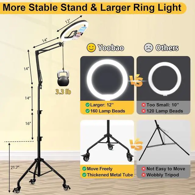 Alt view image 2 of 7 - 12 Ring Light with 81 Tripod Stand Folded Arm Overhead Camera Mount Phone Holder with Casters 3 Color Modes LED Selfie Light for Video Recording Photography Live Streaming TikTok YouTube