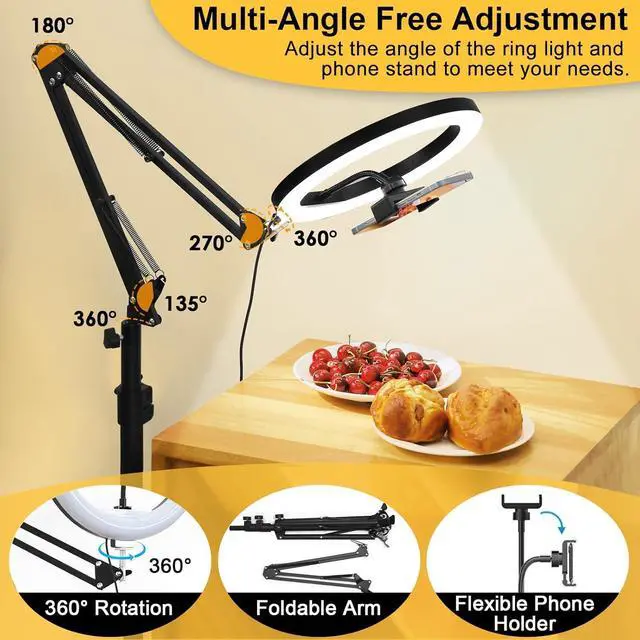 Alt view image 3 of 7 - 12 Ring Light with 81 Tripod Stand Folded Arm Overhead Camera Mount Phone Holder with Casters 3 Color Modes LED Selfie Light for Video Recording Photography Live Streaming TikTok YouTube