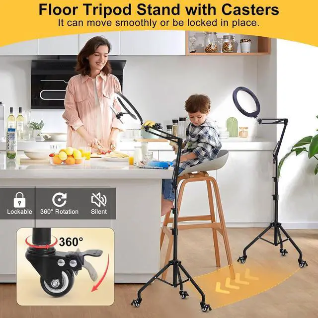 Alt view image 5 of 7 - 12 Ring Light with 81 Tripod Stand Folded Arm Overhead Camera Mount Phone Holder with Casters 3 Color Modes LED Selfie Light for Video Recording Photography Live Streaming TikTok YouTube