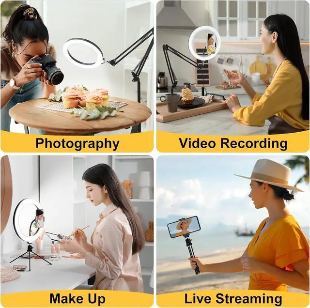 Alt view image 6 of 7 - 12 Ring Light with 81 Tripod Stand Folded Arm Overhead Camera Mount Phone Holder with Casters 3 Color Modes LED Selfie Light for Video Recording Photography Live Streaming TikTok YouTube