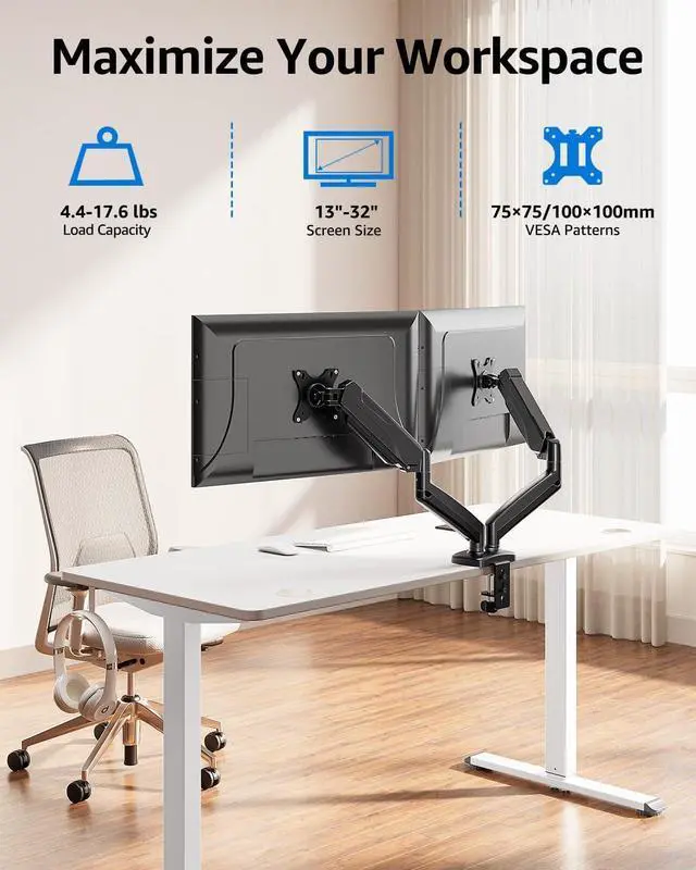 Alt view image 2 of 7 - Dual Monitor Stand for Desk Pneumatic Monitor Arms for 2 Monitors Max 32 Inches Height Adjustable Double Monitor Mount VESA Mounts with C-Clamp & Grommet Base Holds 4.4-17.6lbs Black