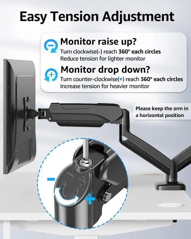 Alt view image 3 of 7 - Dual Monitor Stand for Desk Pneumatic Monitor Arms for 2 Monitors Max 32 Inches Height Adjustable Double Monitor Mount VESA Mounts with C-Clamp & Grommet Base Holds 4.4-17.6lbs Black