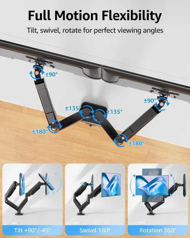 Alt view image 4 of 7 - Dual Monitor Stand for Desk Pneumatic Monitor Arms for 2 Monitors Max 32 Inches Height Adjustable Double Monitor Mount VESA Mounts with C-Clamp & Grommet Base Holds 4.4-17.6lbs Black