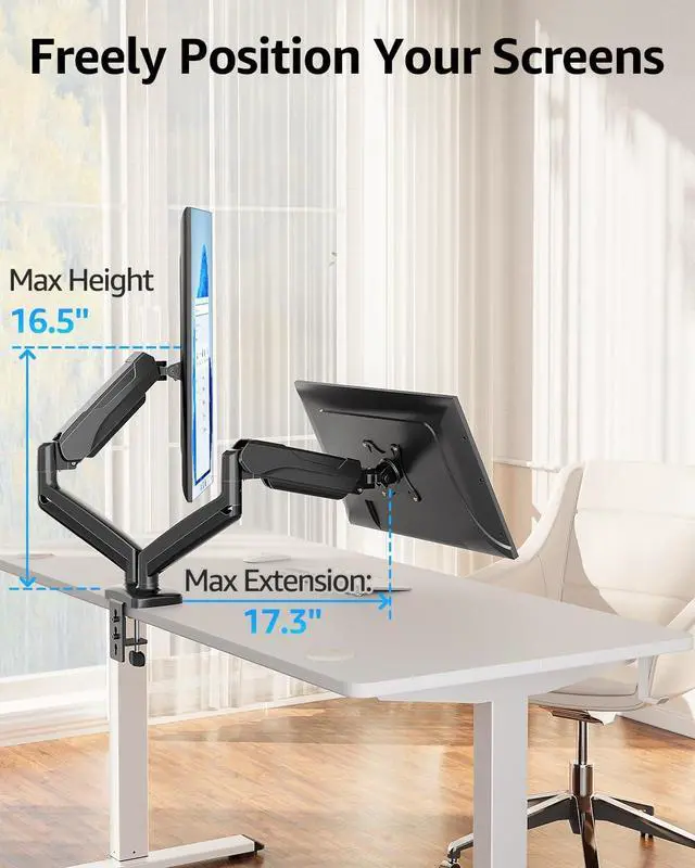 Alt view image 5 of 7 - Dual Monitor Stand for Desk Pneumatic Monitor Arms for 2 Monitors Max 32 Inches Height Adjustable Double Monitor Mount VESA Mounts with C-Clamp & Grommet Base Holds 4.4-17.6lbs Black