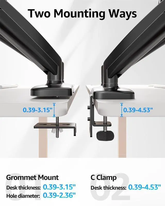 Alt view image 6 of 7 - Dual Monitor Stand for Desk Pneumatic Monitor Arms for 2 Monitors Max 32 Inches Height Adjustable Double Monitor Mount VESA Mounts with C-Clamp & Grommet Base Holds 4.4-17.6lbs Black