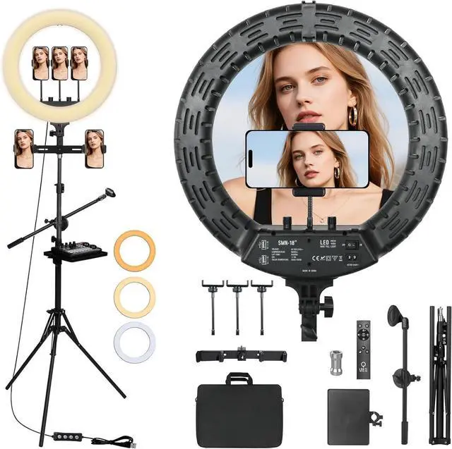 Main image of Ring Light with Stand 18in Ring Light for iPhone 65W 7000K Dimmable LED Light 5 Cell Phone Holders for YouTube TikTok Lash Extension Barber Makeup Artist Studio Video Photog raphy Lighting