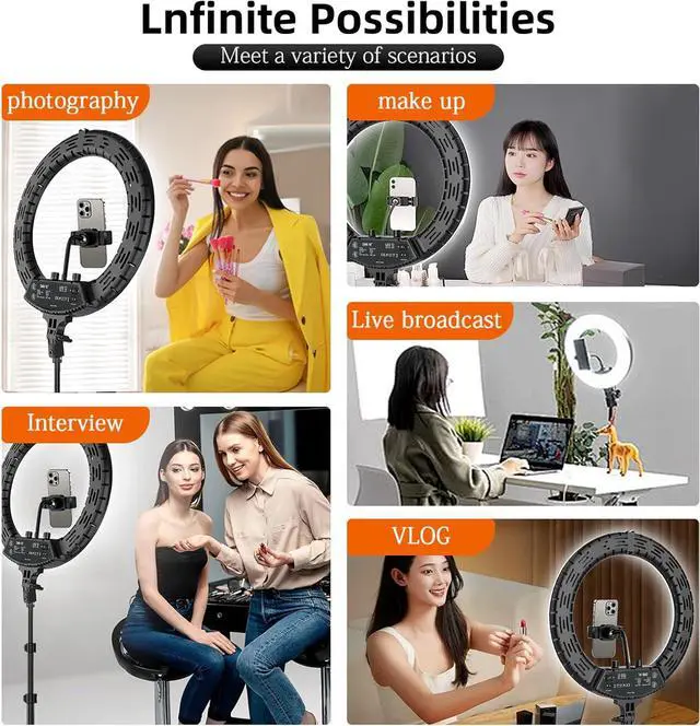 Alt view image 6 of 7 - Ring Light with Stand 18in Ring Light for iPhone 65W 7000K Dimmable LED Light 5 Cell Phone Holders for YouTube TikTok Lash Extension Barber Makeup Artist Studio Video Photog raphy Lighting