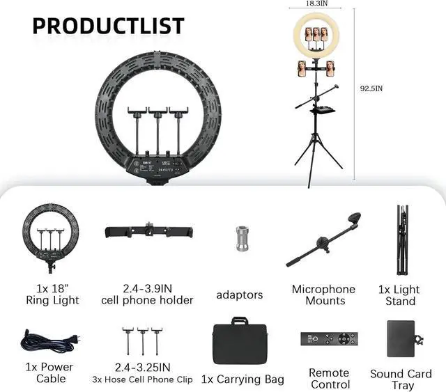 Alt view image 7 of 7 - Ring Light with Stand 18in Ring Light for iPhone 65W 7000K Dimmable LED Light 5 Cell Phone Holders for YouTube TikTok Lash Extension Barber Makeup Artist Studio Video Photog raphy Lighting