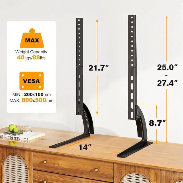 Alt view image 7 of 7 - TAVR Universal Table Top TV Stand Base TV Legs for Most 22 32 37 40 42 47 50 55 65 LCD LED Plasma Flat Screen TVs Height Adjustable Leg TV Replacement Stand Holds up to 88 lbs Max VESA 800x500 mm