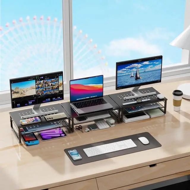 Alt view image 5 of 7 - Desk Organizers and Accessories 2-Tier Metal Monitor Stand Riser Desk Organizer for Monitor Office Desk Storage Organizer for Office Supplies (Black)