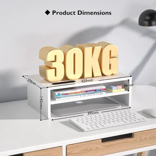 Alt view image 5 of 7 - BONTEC Wooden Monitor Stand Riser, 2-Tier Desk Shelf with Storage Organizer, Ergonomic Computer Stand with Cable Management, Cellphone Holder, White, 16.5 Inch