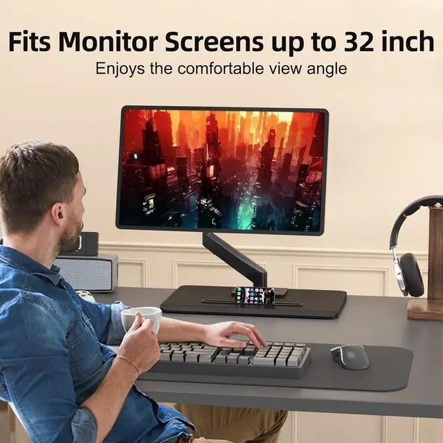 Alt view image 4 of 7 - Single Monitor Mount Gas Spring Arm Mount with Base Free Standing Pneumatic Height Adjustable Monitor Desk Stand for 17 to 32 inch Holds up to 22 lbs Black(ML8)