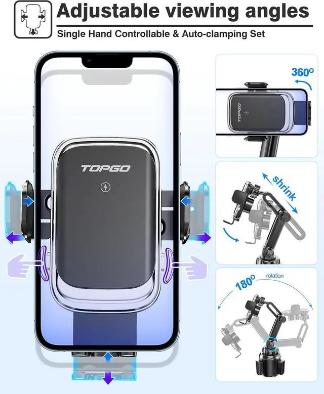 Alt view image 5 of 6 - [Upgraded Cup Phone Mount Wireless Charger Universal Cell Phone Holder Car Charger Wireless Charger Cup Phone Holder Fast Charging for iPhone16 Pro Max  Galaxy - Black