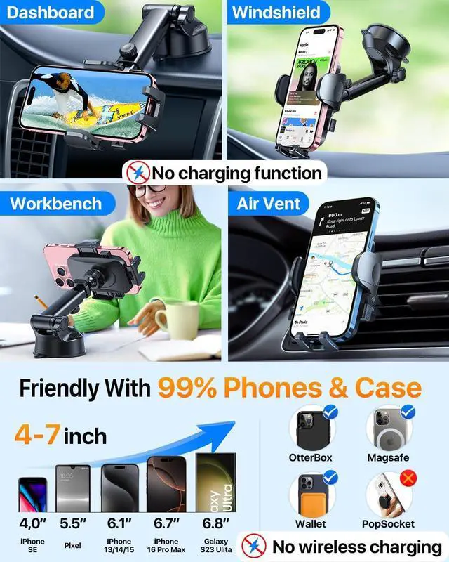 Alt view image 3 of 6 - 2025 Ultimate Car Phone Holder80+LBS Strongest Suction & Military-Grade Universal Cell Holder Truck Mount for Dashboard Windshield Air Vent iPhone 16 Pro Max 15 Samsung 2pcs,Grey