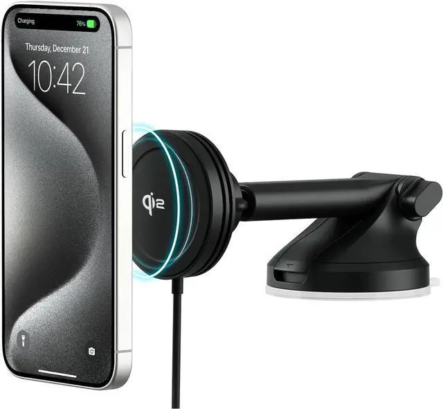 Main image of Velox Qi2 Mini 15W Wireless Charger Car Mount - Dash & Windshield Car Phone Holder - MagSafe Compatible iPhone Mount for Qi2 Smartphones (iPhone 12 13 14 15 and 16) - Car Charger Included