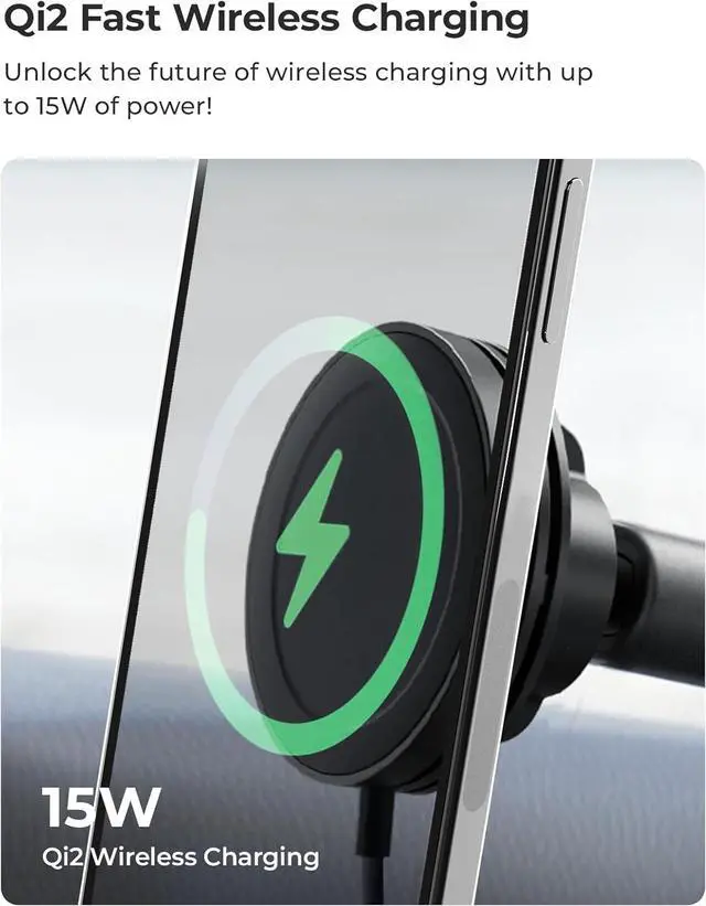 Alt view image 2 of 7 - Velox Qi2 Mini 15W Wireless Charger Car Mount - Dash & Windshield Car Phone Holder - MagSafe Compatible iPhone Mount for Qi2 Smartphones (iPhone 12 13 14 15 and 16) - Car Charger Included