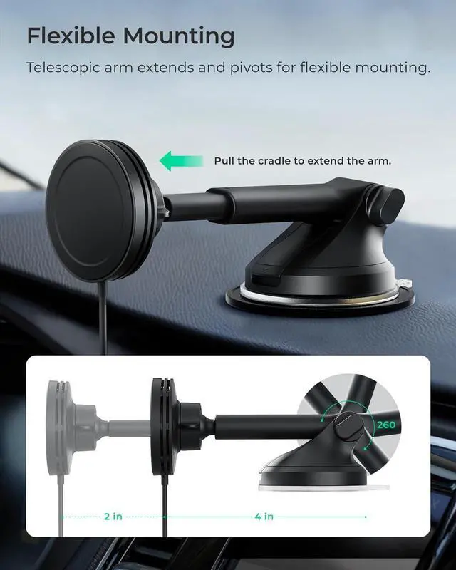 Alt view image 5 of 7 - Velox Qi2 Mini 15W Wireless Charger Car Mount - Dash & Windshield Car Phone Holder - MagSafe Compatible iPhone Mount for Qi2 Smartphones (iPhone 12 13 14 15 and 16) - Car Charger Included