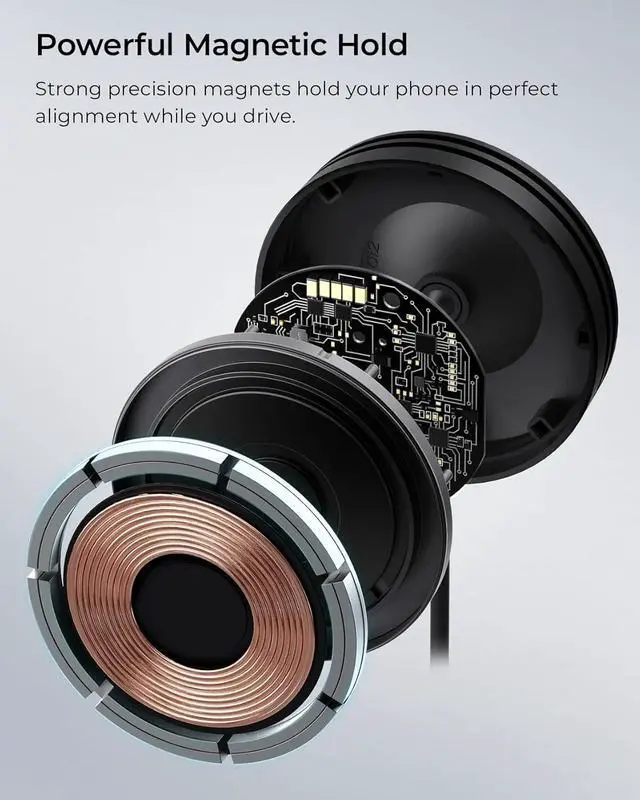 Alt view image 7 of 7 - Velox Qi2 Mini 15W Wireless Charger Car Mount - Dash & Windshield Car Phone Holder - MagSafe Compatible iPhone Mount for Qi2 Smartphones (iPhone 12 13 14 15 and 16) - Car Charger Included