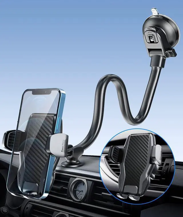 Main image of Car Phone Holder Mount Gooseneck Dashboard Windshield Suction Cup Phone Mount Anti-Shake Stabilizer Phone Car Cradle Compatible with All Cellphones & Thick Phone Case-H3S Carbon Fiber Style