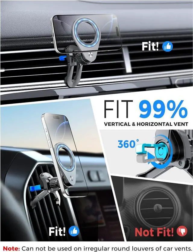 Alt view image 5 of 7 - Fits MagSafe Car Mount [2 Pack] Magnetic Phone Holder for Car Vent Strong N52 Magnets Air Vent Cell Phone Holder Clip for iPhone 16/15/ 14/13/ 12/ Pro Max