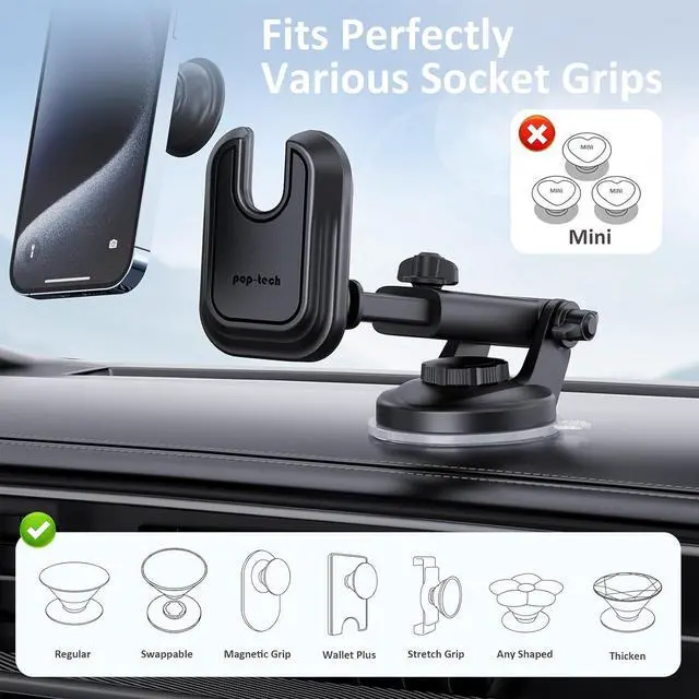 Alt view image 4 of 7 - Socket Phone Dashboard Mount: Suction Cup Cell Phone Holder fits Dash Windshield Window - Black Universal Car Automobile Cradle for iPhone 16  Smartphone (Socket Grip Not Included)