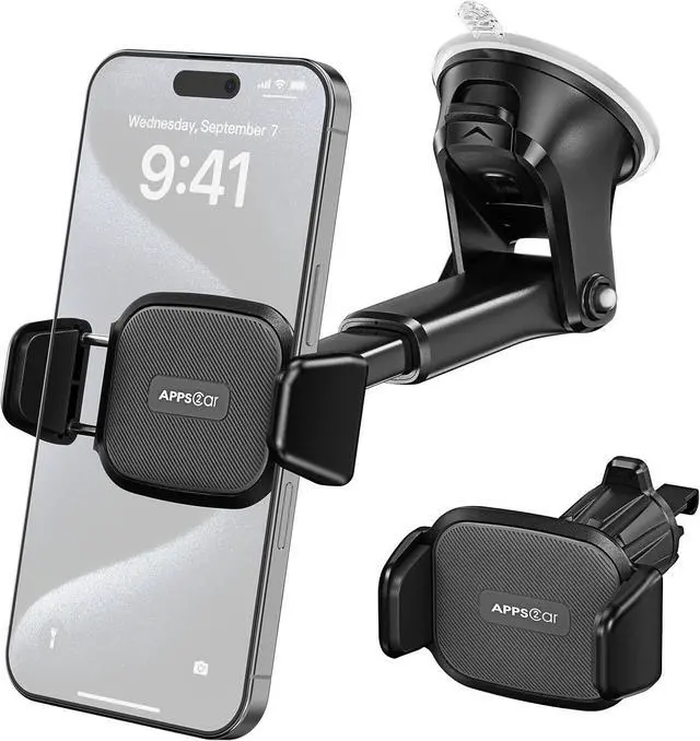 Main image of Upgraded Car Phone Holder [True One-Hand Operation] Strong Suction Cup Dashboard Windshield Mount with Anti-UV Film Adhesive Pad & Air Vent Hook Easy Place & Pick