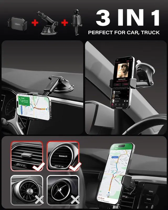 Alt view image 2 of 7 - Upgraded Car Phone Holder [True One-Hand Operation] Strong Suction Cup Dashboard Windshield Mount with Anti-UV Film Adhesive Pad & Air Vent Hook Easy Place & Pick