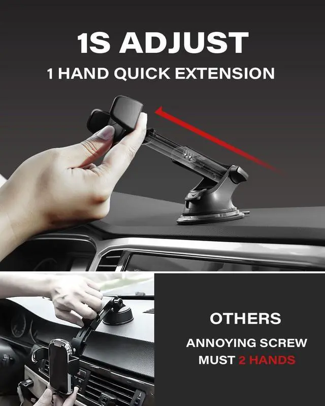 Alt view image 4 of 7 - Upgraded Car Phone Holder [True One-Hand Operation] Strong Suction Cup Dashboard Windshield Mount with Anti-UV Film Adhesive Pad & Air Vent Hook Easy Place & Pick