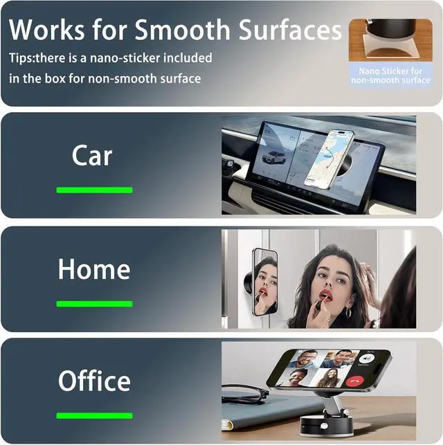 Alt view image 2 of 6 - Vacuum Suction Magnetic Car Phone Holder Mount Fit All Phones Adjustable Phone Holders for Your Car Home Office Smooth Surfaces Metal Ring Stick Outside if Case Non-Magnetic (Upgraded)