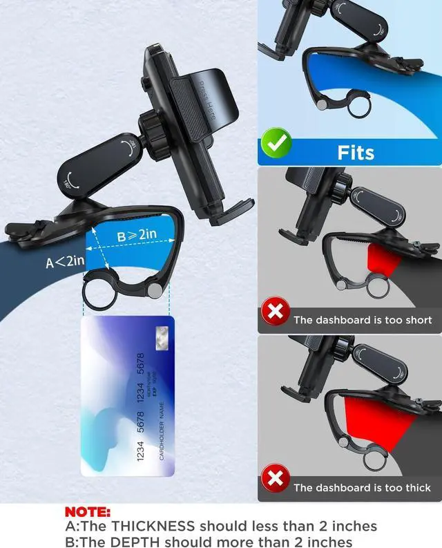 Alt view image 2 of 7 - Car Dashboard Phone Clip Holder 360 Degrees Rotation Dash Steering Wheel Phone Clamp Mount Compatible with iPhone 15 14 13 Pro Max and 4-7 Inch Smartphones (Black)