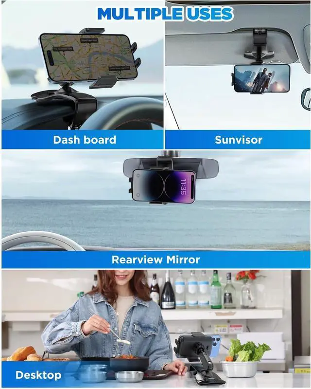 Alt view image 6 of 7 - Car Dashboard Phone Clip Holder 360 Degrees Rotation Dash Steering Wheel Phone Clamp Mount Compatible with iPhone 15 14 13 Pro Max and 4-7 Inch Smartphones (Black)