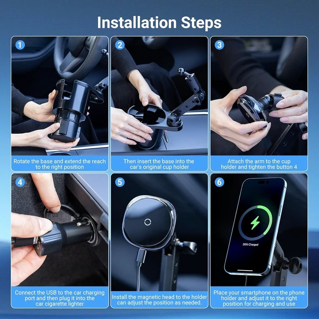 Alt view image 5 of 7 - for Magnetic Cup Holder Charger, 360° Rotating Wireless Magnetic Car Charger, Fast Charging Phone Holder for iPhone 17 16 15 14 13 12 and Galaxy S20 Above Series [With QC 3.0 Adapter