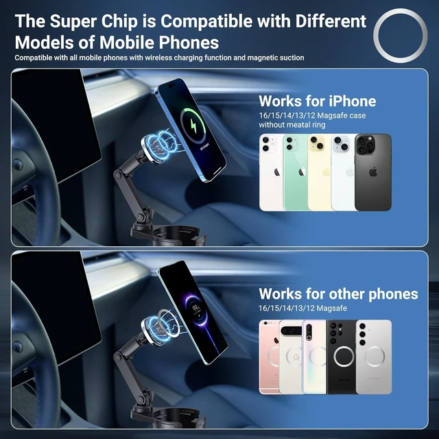 Alt view image 7 of 7 - for Magnetic Cup Holder Charger, 360° Rotating Wireless Magnetic Car Charger, Fast Charging Phone Holder for iPhone 17 16 15 14 13 12 and Galaxy S20 Above Series [With QC 3.0 Adapter