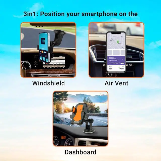 Alt view image 2 of 7 - Phone Mount for Cars 3-in-1 Phone Holder Suction Dashboard Windshield & Vent Mount 360° Rotation Fits iPhone Max Android and All Smartphones 3.5 inch Grip Quick Release Button