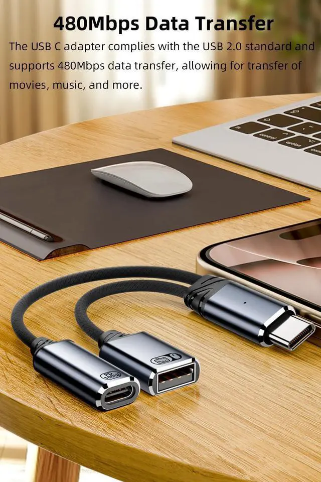 Alt view image 4 of 6 - USB C to USB OTG Cable and Charger Adapter 2-in-1 USB-C Splitter with 100W Fast Charging for iPhone 16/15 Series iPad MacBook Galaxy S24/S23 and More (Grey)