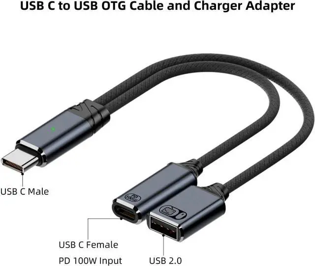 Alt view image 6 of 6 - USB C to USB OTG Cable and Charger Adapter 2-in-1 USB-C Splitter with 100W Fast Charging for iPhone 16/15 Series iPad MacBook Galaxy S24/S23 and More (Grey)